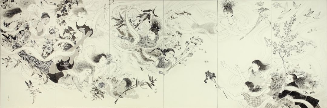 A sister work of "<a href="https://hiromimiura.com/1017-180x90x6_tennyo-raizu/" class="internal">Emergence of <i>tennyo</i> (celestial maidens)</a>", drawn after the Tohoku earthquake and tsunami in 2011, which also hit the hometown of the author.  The image depicts <i>tennyo</i>, or angels, with different backgrounds around the world holding flowers of hope.  
